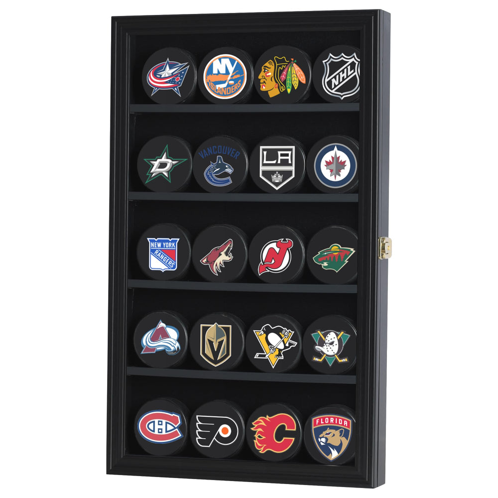 DisplayGifts front view puck cabinet showing organized display and clear protection