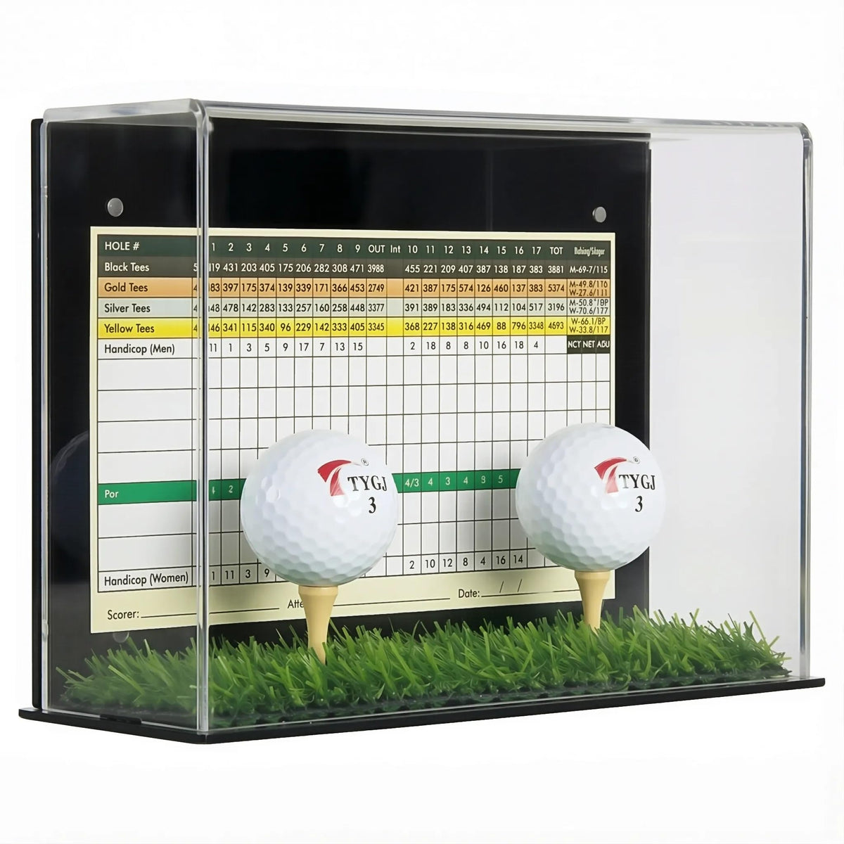 DisplayGifts front view showing ball on turf base and clear acrylic cover for proud display