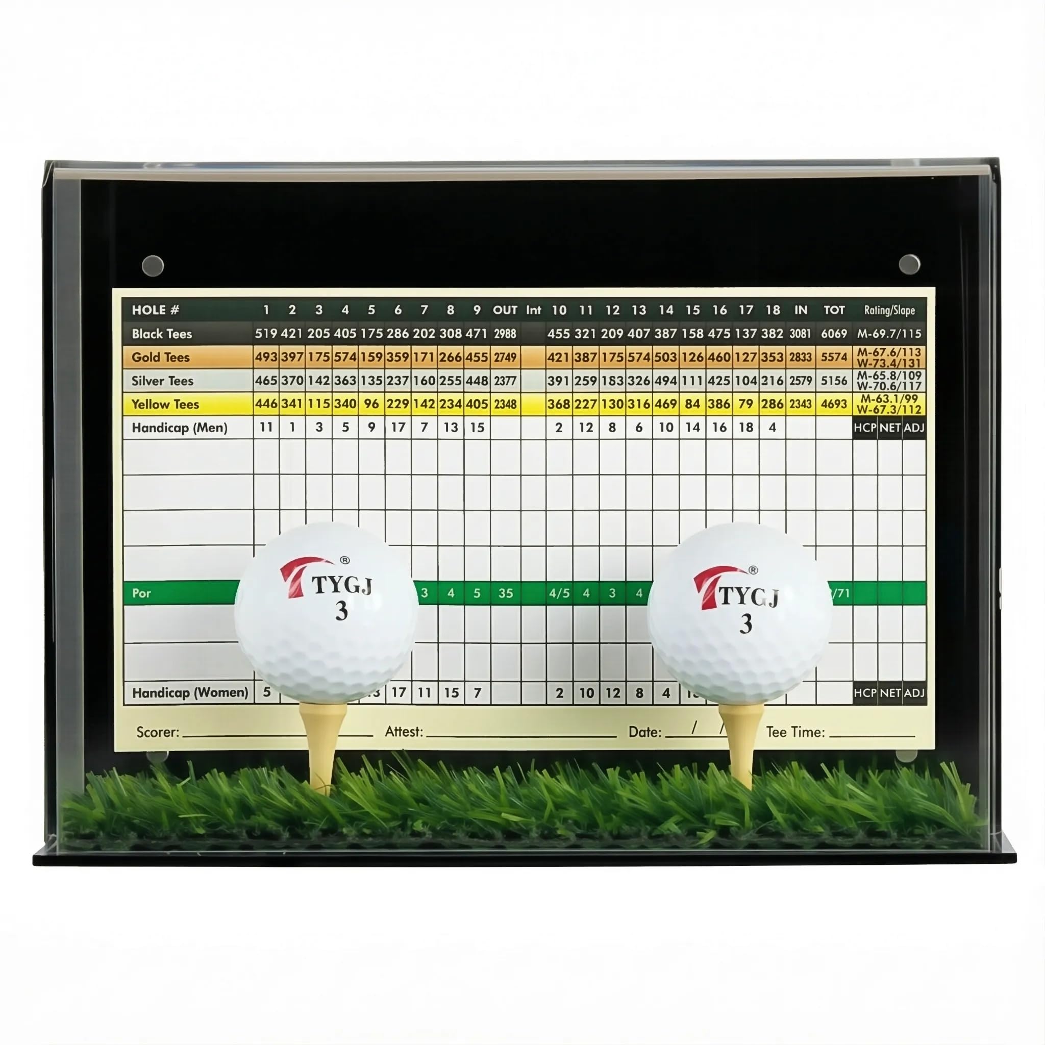 DisplayGifts scorecard back slot showing how a scorecard fits neatly behind the ball