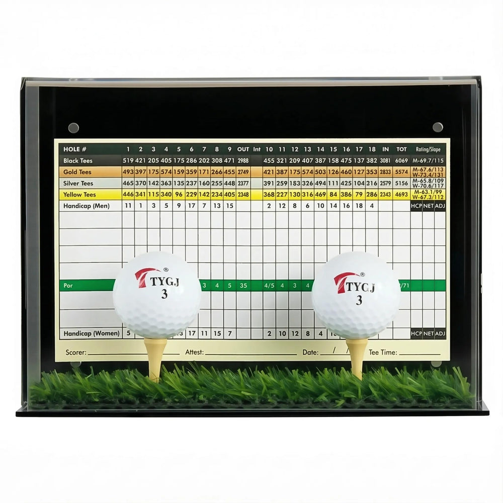 DisplayGifts scorecard back slot showing how a scorecard fits neatly behind the ball