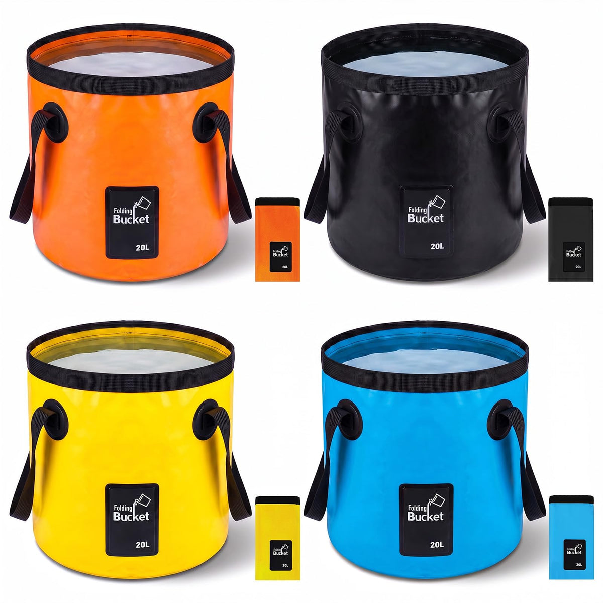 DIVINA VITAE front view of four colored collapsible buckets showing portability benefit