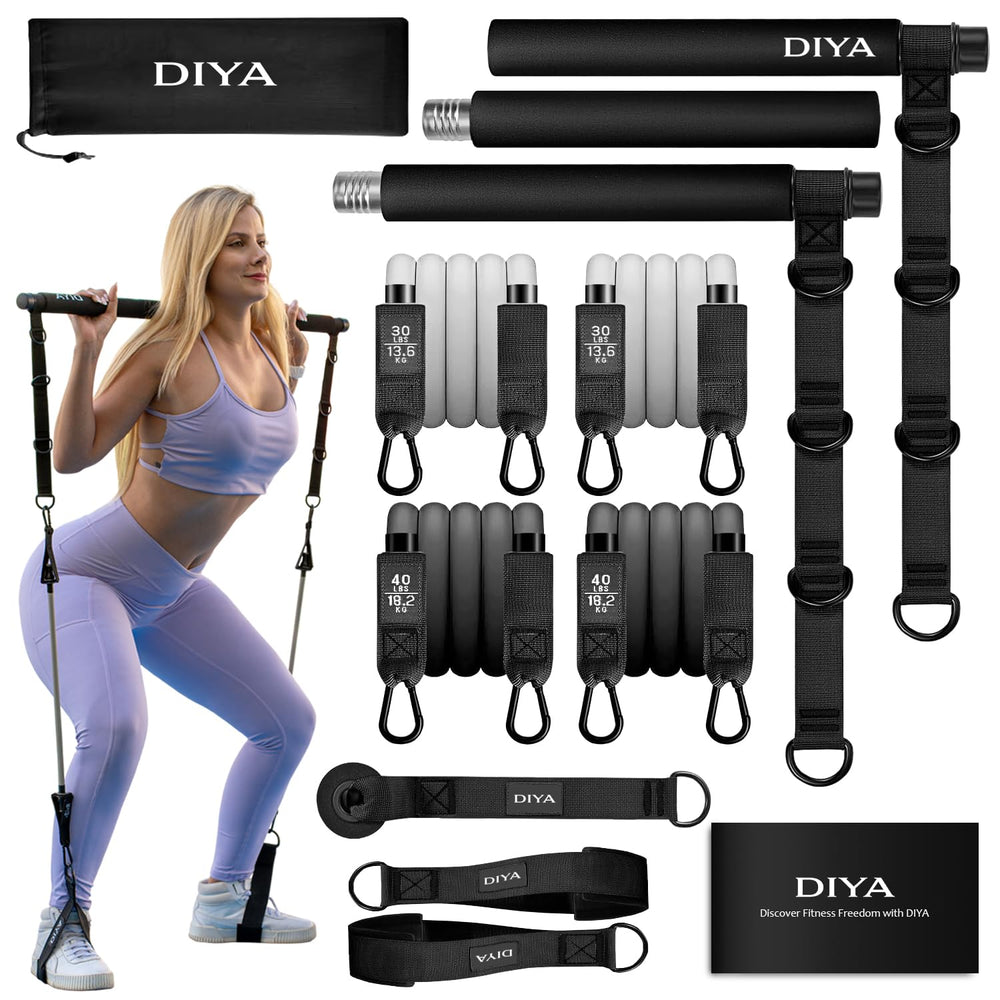 DIYA front packaging showing full pilates bar kit and easy storage benefit