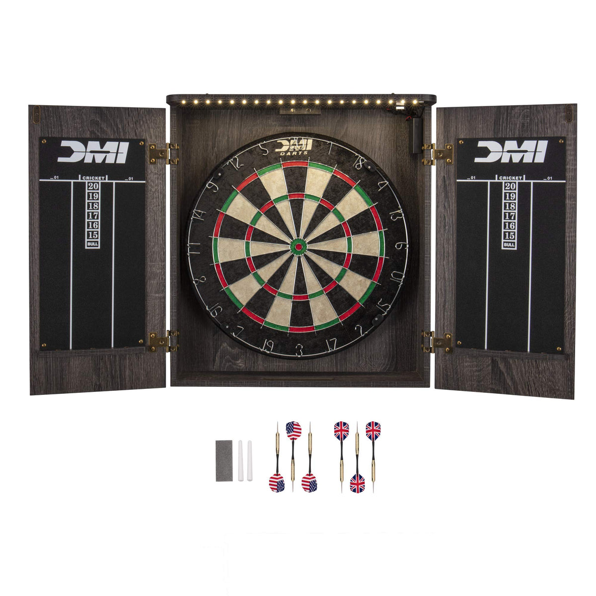 DMI Sports cabinet closed showing clean rustic grey finish and décor-friendly look