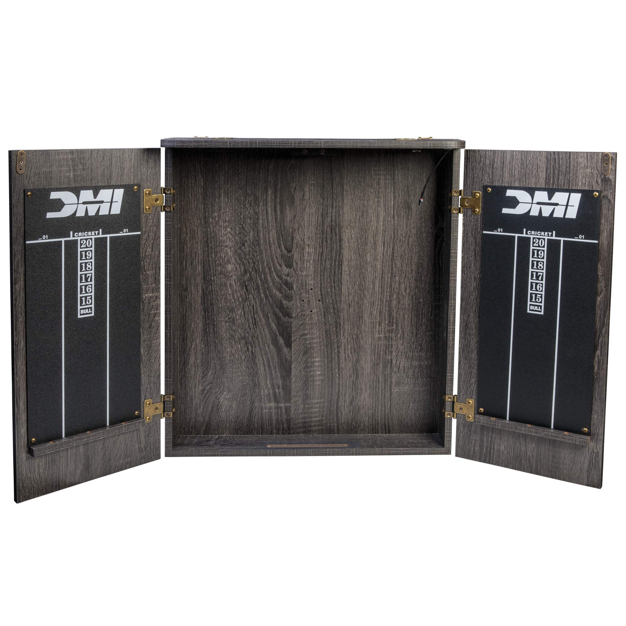 DMI Sports cabinet open revealing illuminated dartboard for clear gameplay