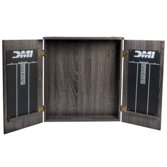 DMI Sports cabinet open revealing illuminated dartboard for clear gameplay