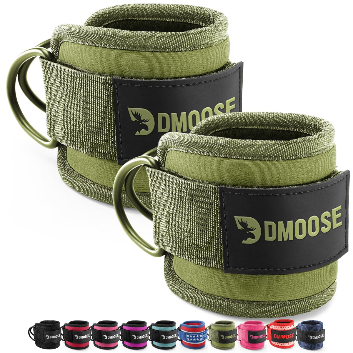 DMoose ankle strap front packaging showing pair and olive color benefit durability