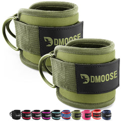DMoose ankle strap front packaging showing pair and olive color benefit durability