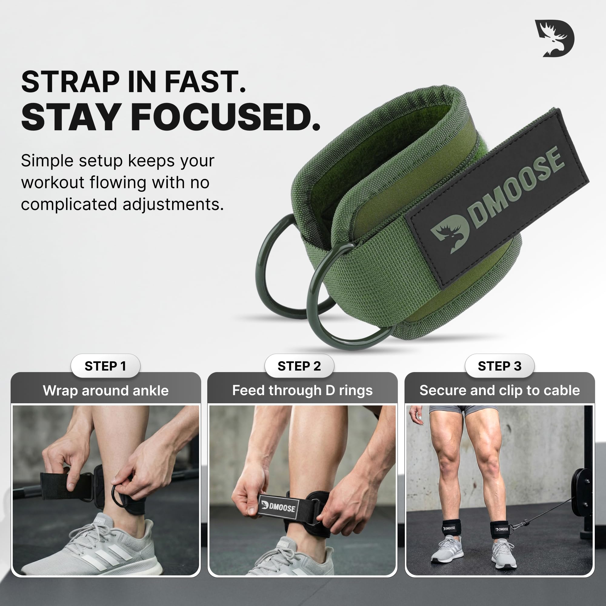 DMoose ankle straps in a gym lifestyle scene highlighting stylish olive color