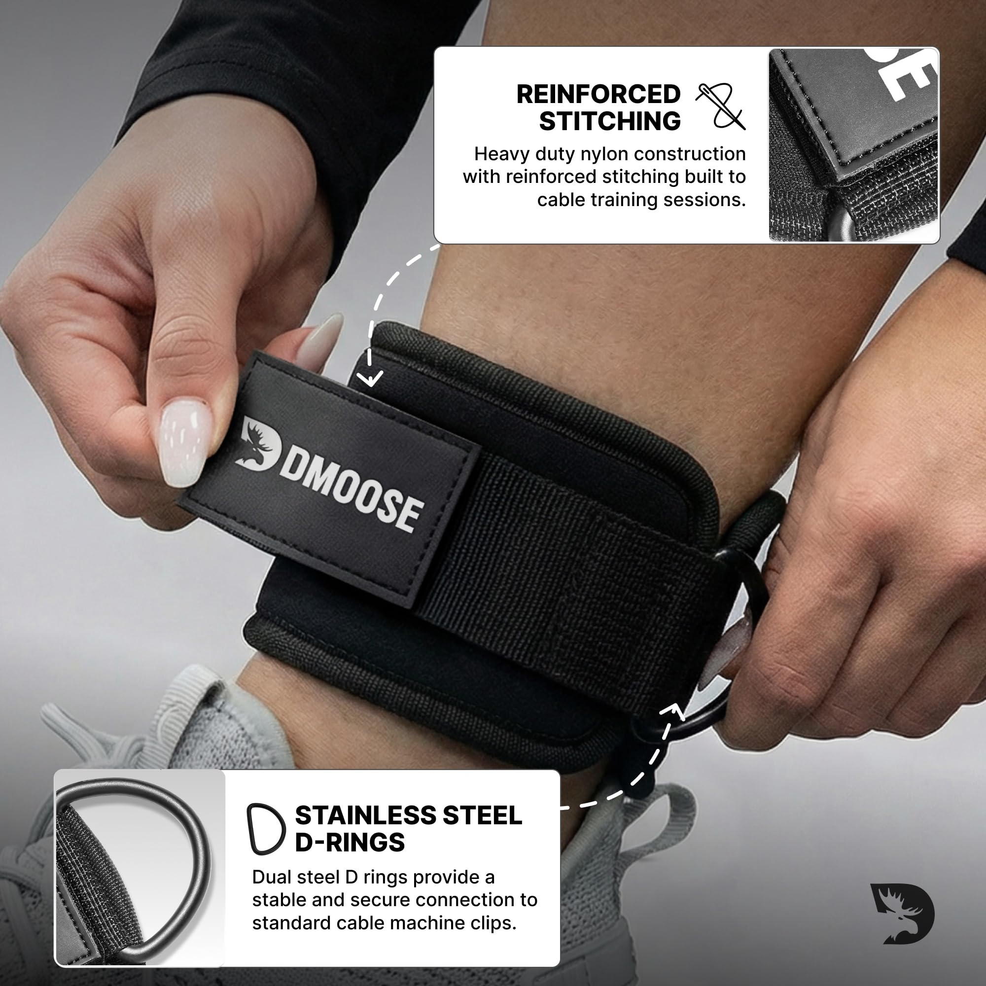 DMoose Fitness ankle strap connected to cable machine for secure attachment