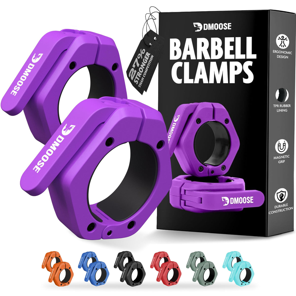 DMoose Fitness front view of purple barbell clips showing quick-snap benefit