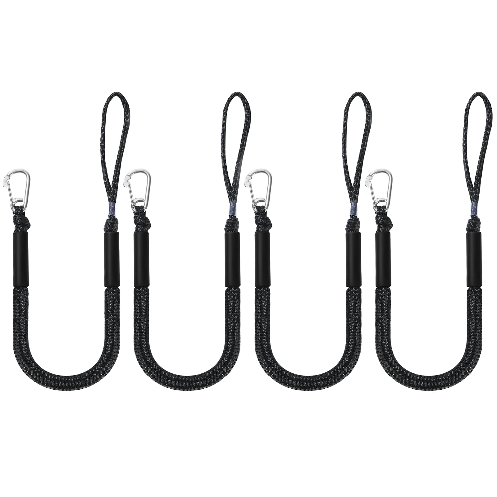 DockMoor front view of 4-pack black bungee dock lines showing quick mooring convenience