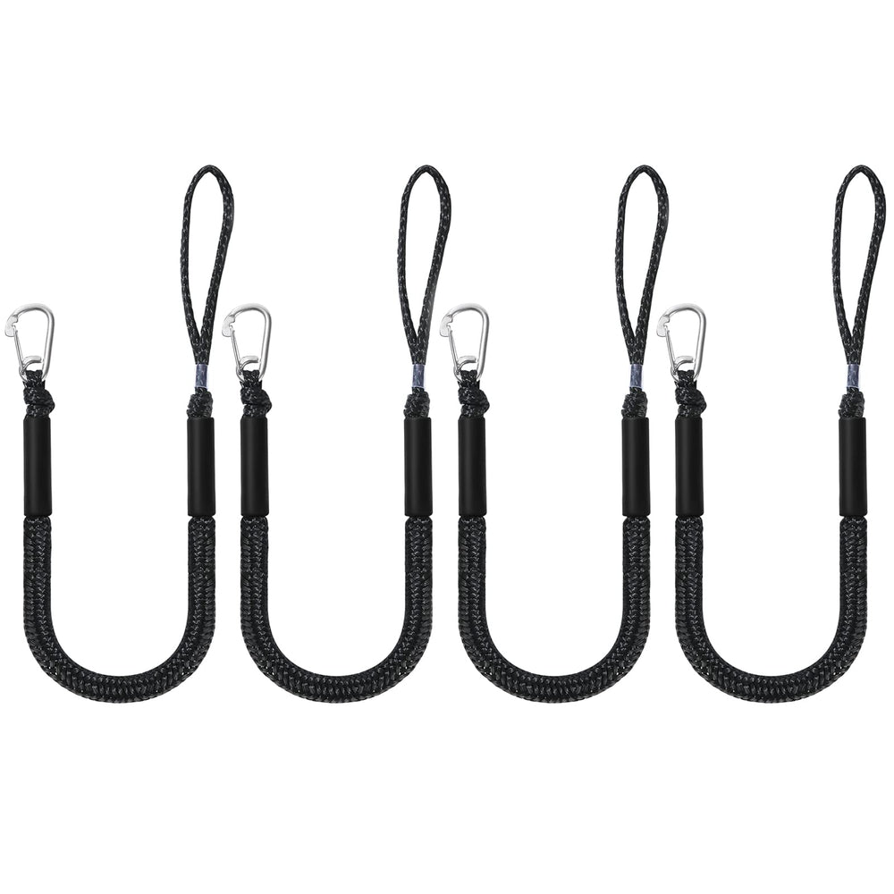 DockMoor front view of 4-pack black bungee dock lines showing quick mooring convenience