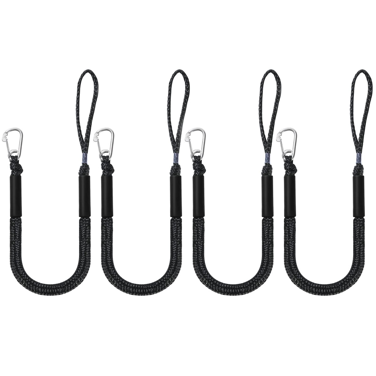DockMoor front view of 4-pack black bungee dock lines showing quick mooring convenience