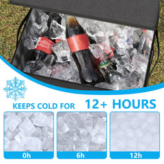 Doerpuz open cooler filled with 50 cans and ice packs, keeping beverages cold
