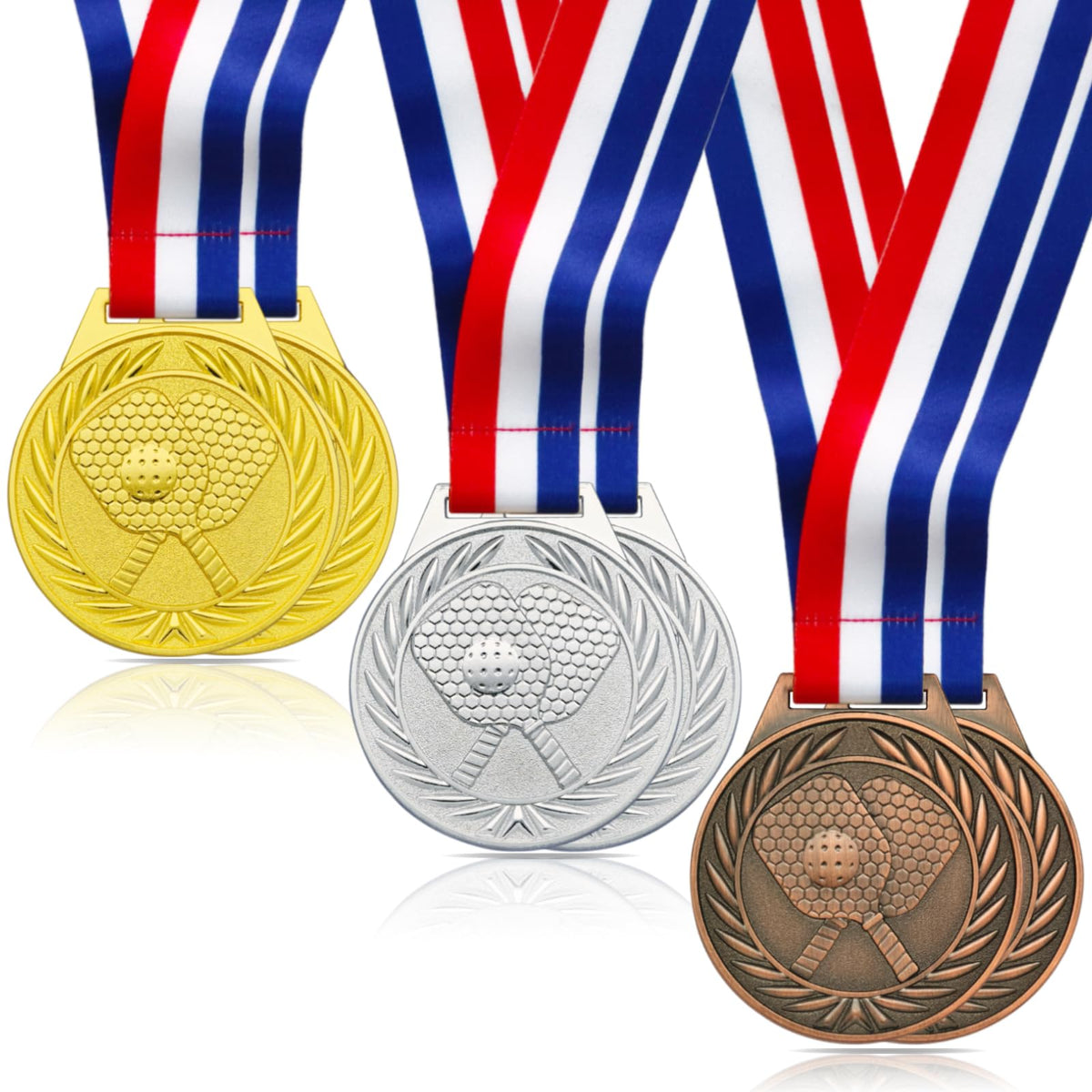 Donrime front view of six pickleball medals showing colorful sport design and immediate recognition