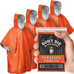 Don’t Die in The Woods front packaging showing four orange ponchos and compact storage benefit