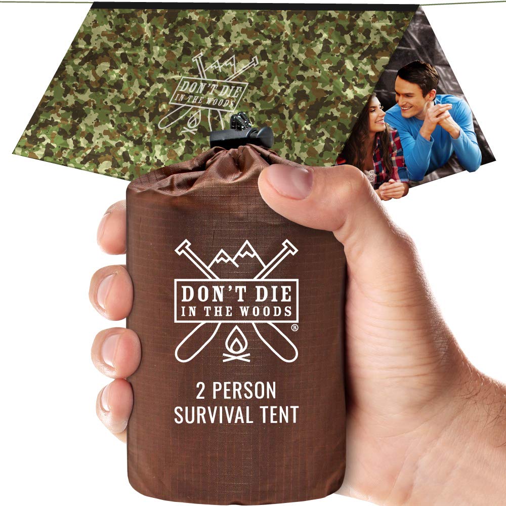 Don't Die In The Woods front view of packed camo emergency tent, quick access benefit