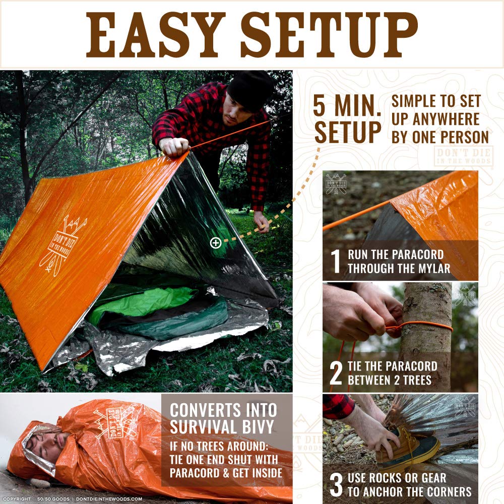 Don't Die In The Woods tent suspended between trees, fast shelter benefit in wilderness