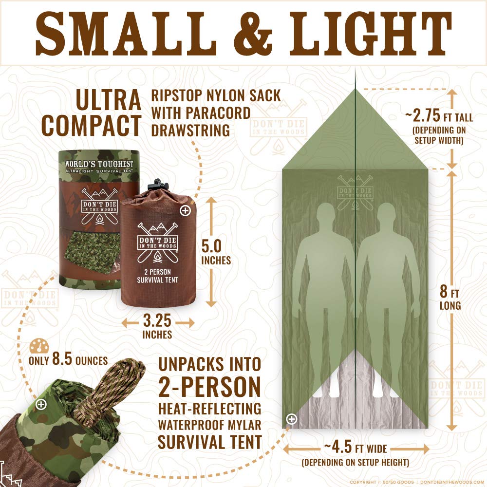 Don't Die In The Woods packed in ripstop sack beside hand for scale, ultra-compact benefit