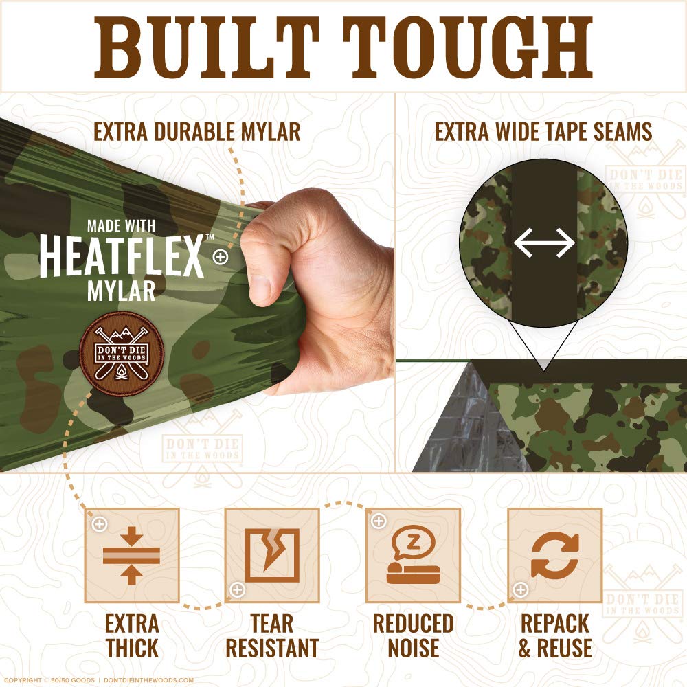 Don't Die In The Woods paracord threaded through reinforced seam, durable setup benefit