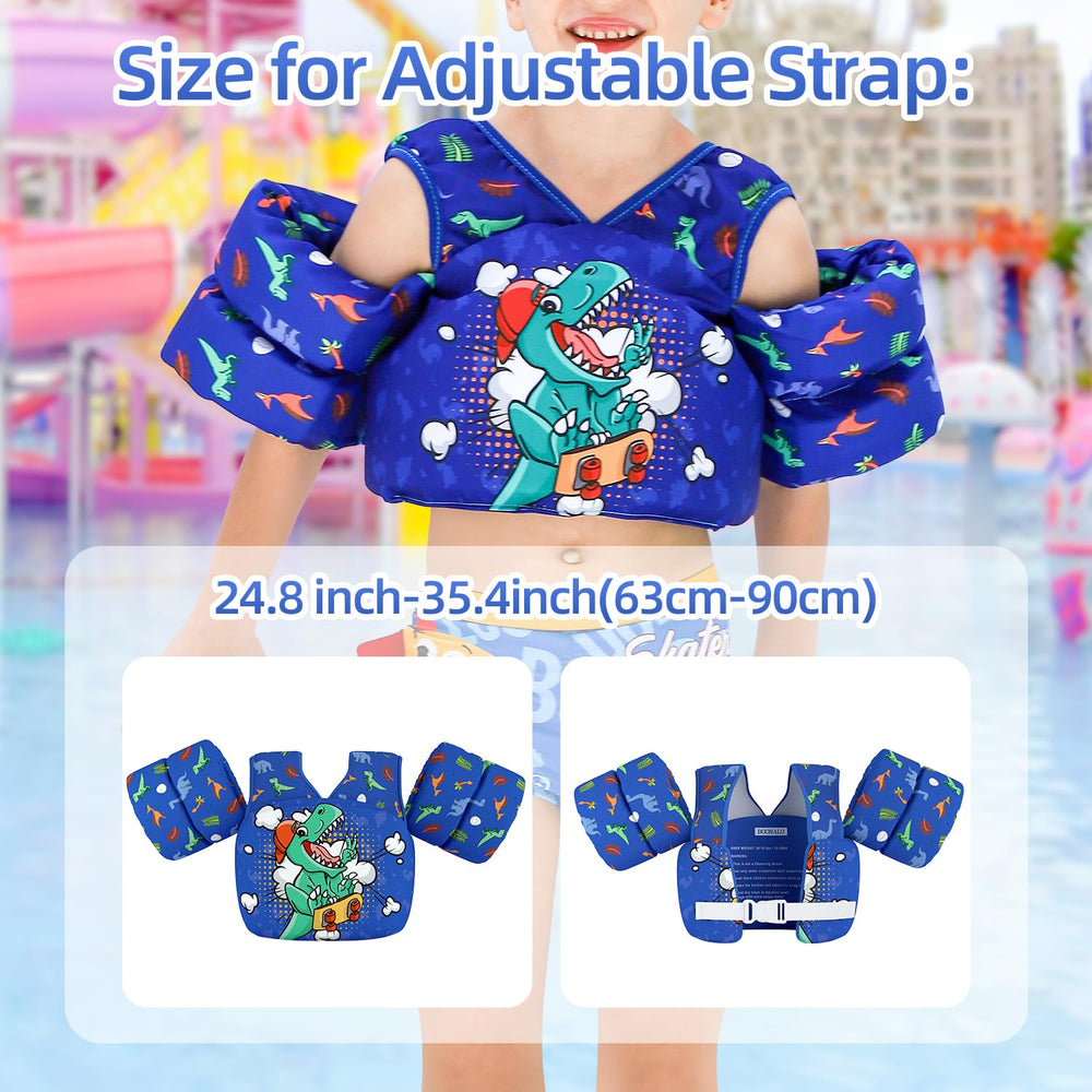 DOOHALO float vest beside toy to show size and age-appropriate scale