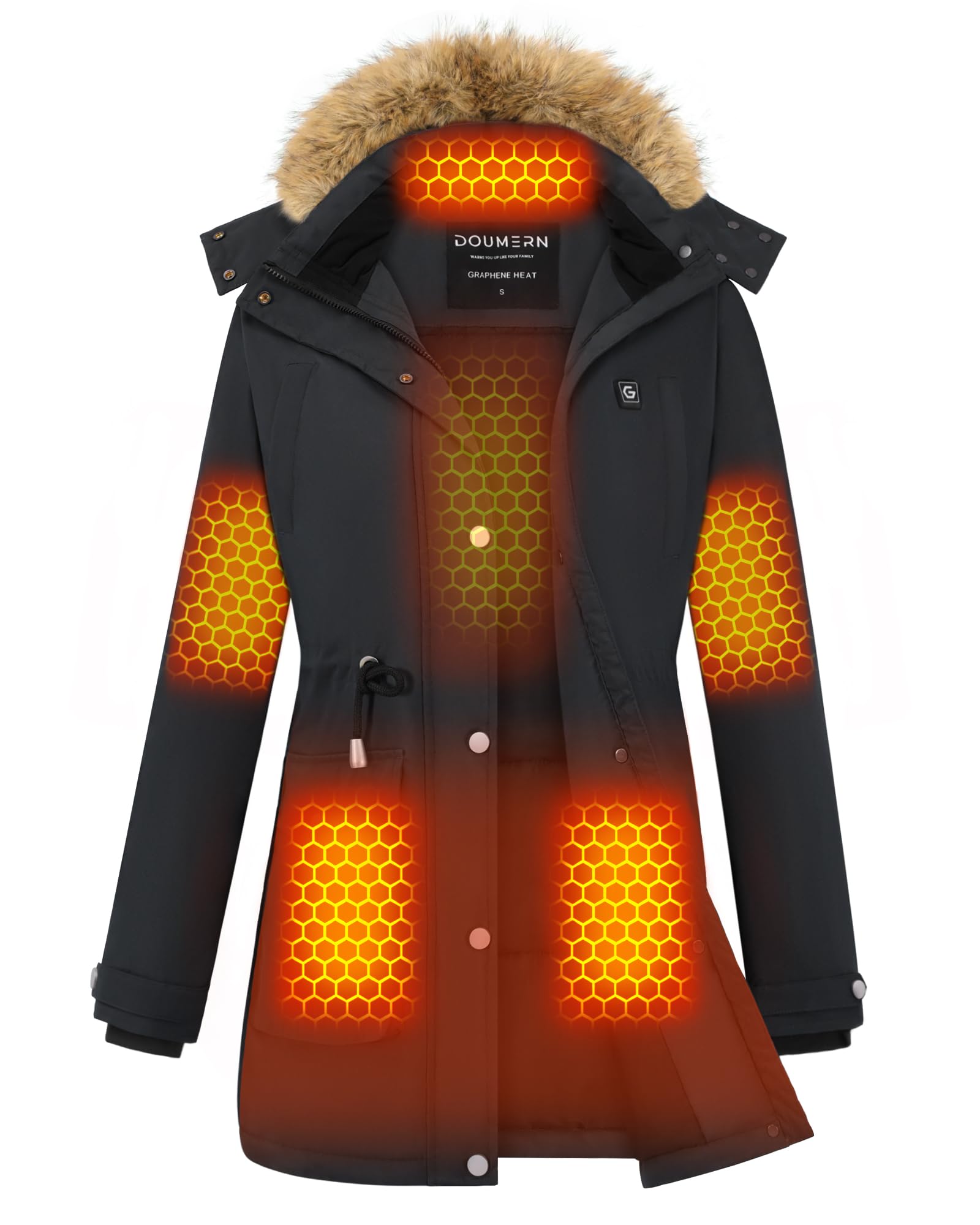 Doumern Official front view of heated parka showing sleek insulated design and warmth