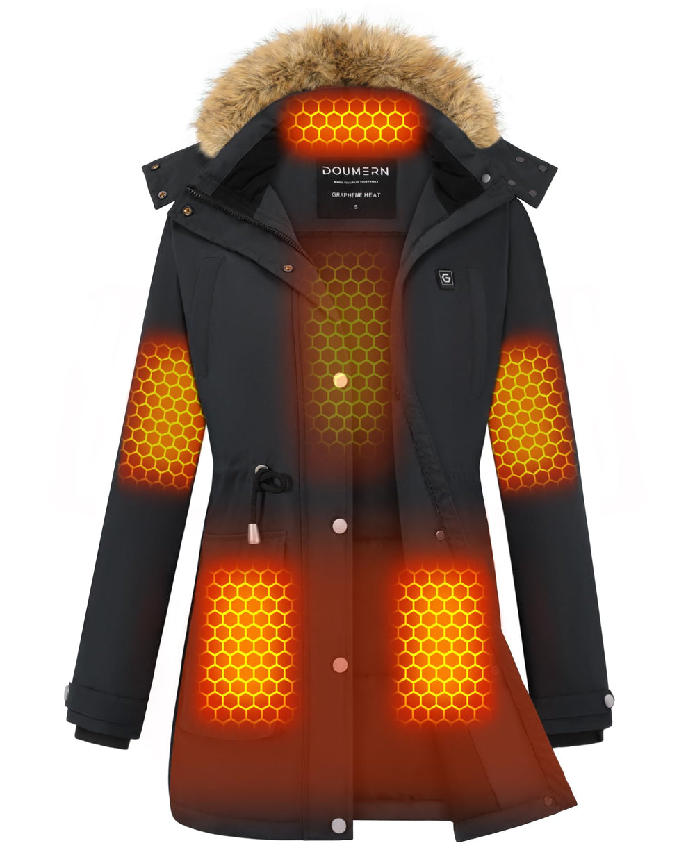Doumern Official front view of heated parka showing sleek insulated design and warmth