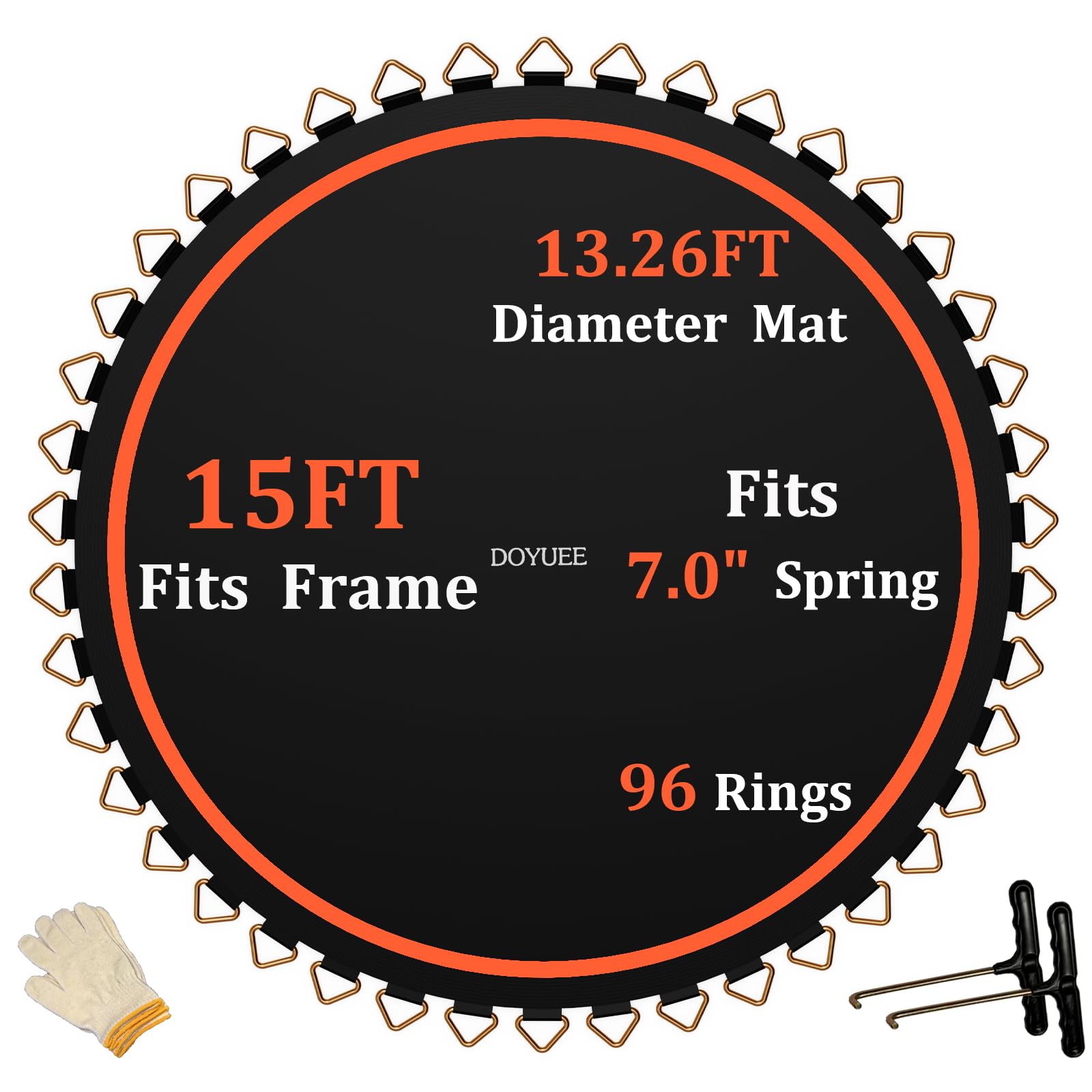 DOYUEE full trampoline mat front view showing complete 15ft surface and rings for a reliable replacement