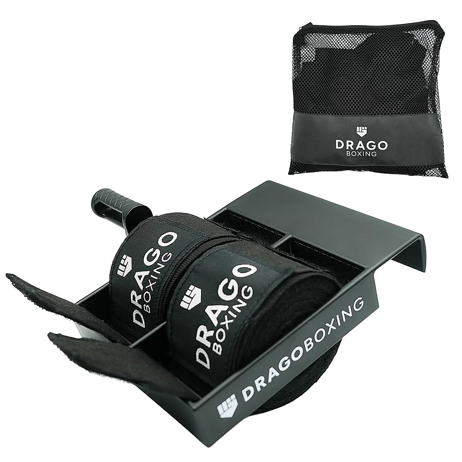 Drago Boxing front view of dual hand wrap roller and door hanger showing compact design and convenience