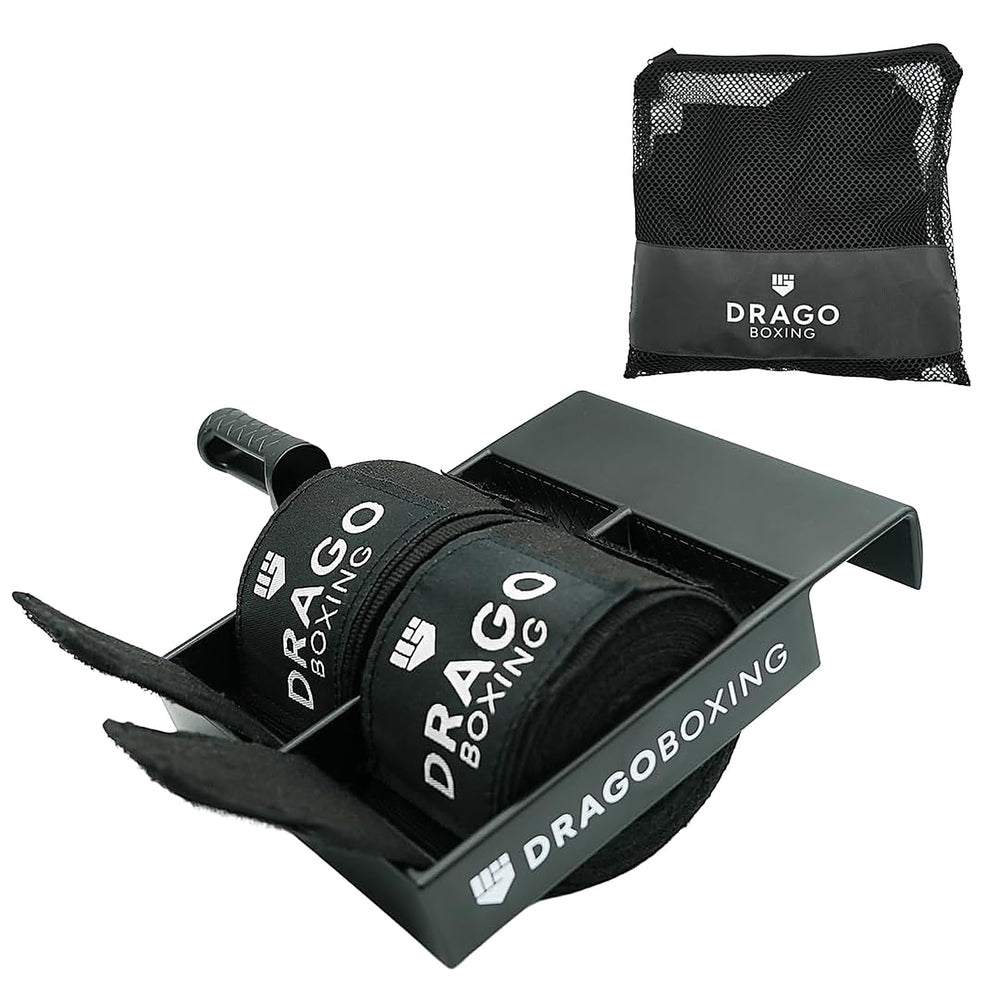 Drago Boxing front view of dual hand wrap roller and door hanger showing compact design and convenience
