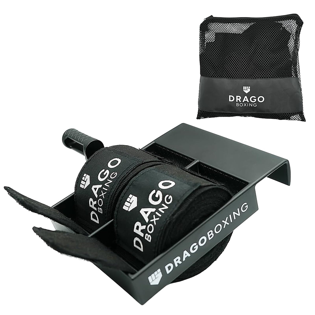 Drago Boxing front view of dual hand wrap roller and door hanger showing compact design and convenience