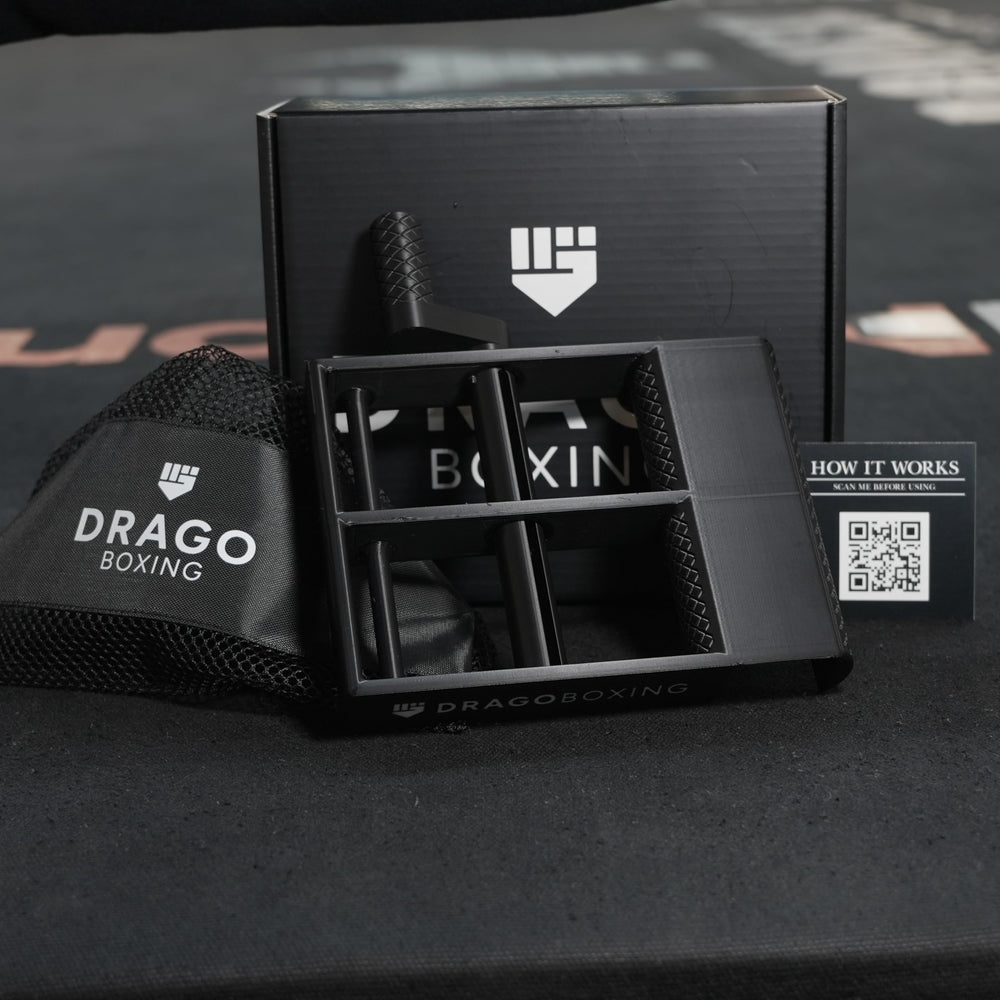 Drago Boxing rolled hand wraps beside a gym bag showing compact storage and travel-ready convenience