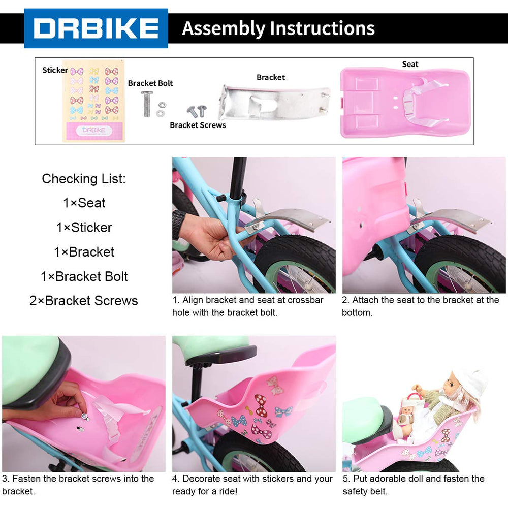 DRBIKE seat beside an 18-inch doll illustrating proper size fit and balance