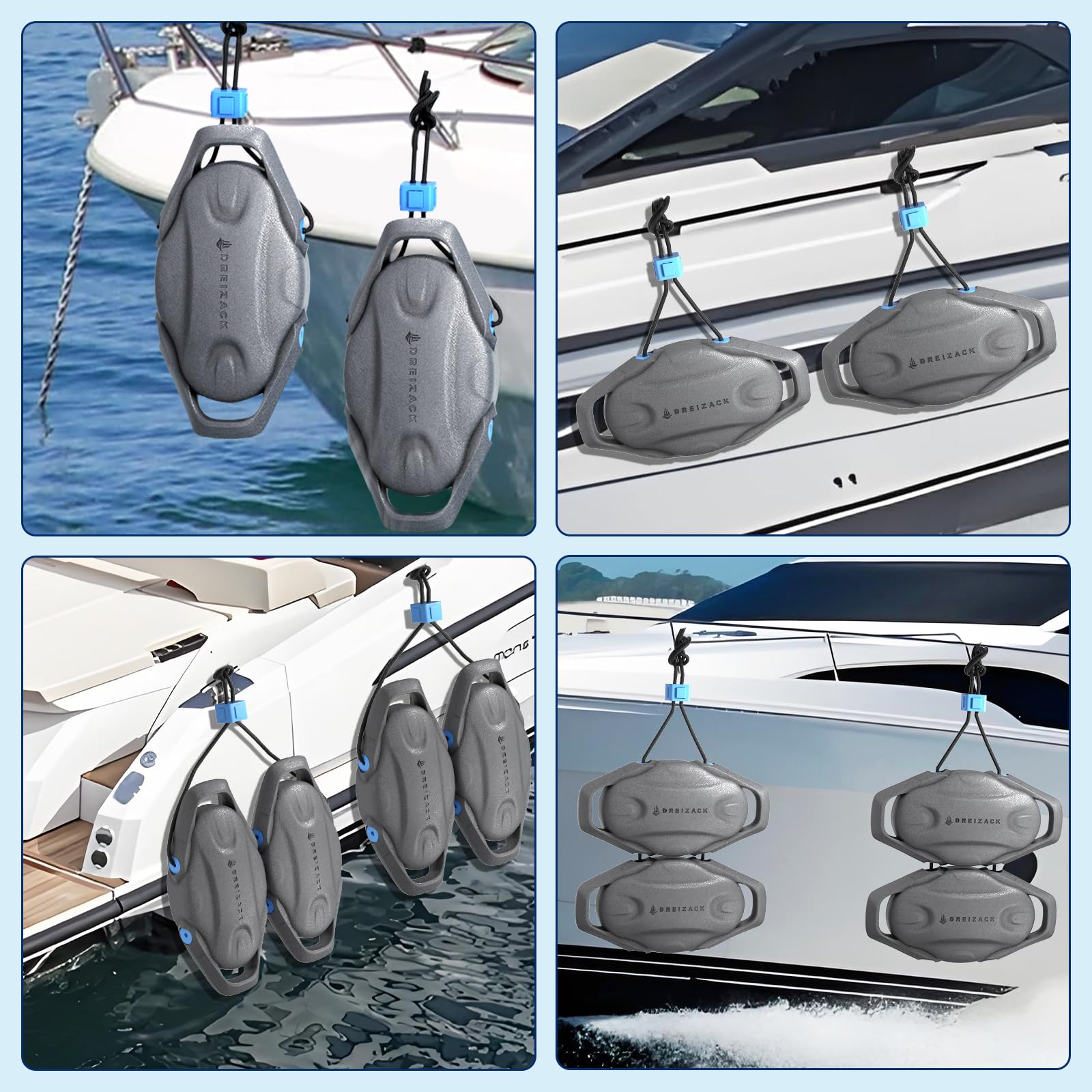 Dreizack dark grey fender on marina dock demonstrating UV resistance