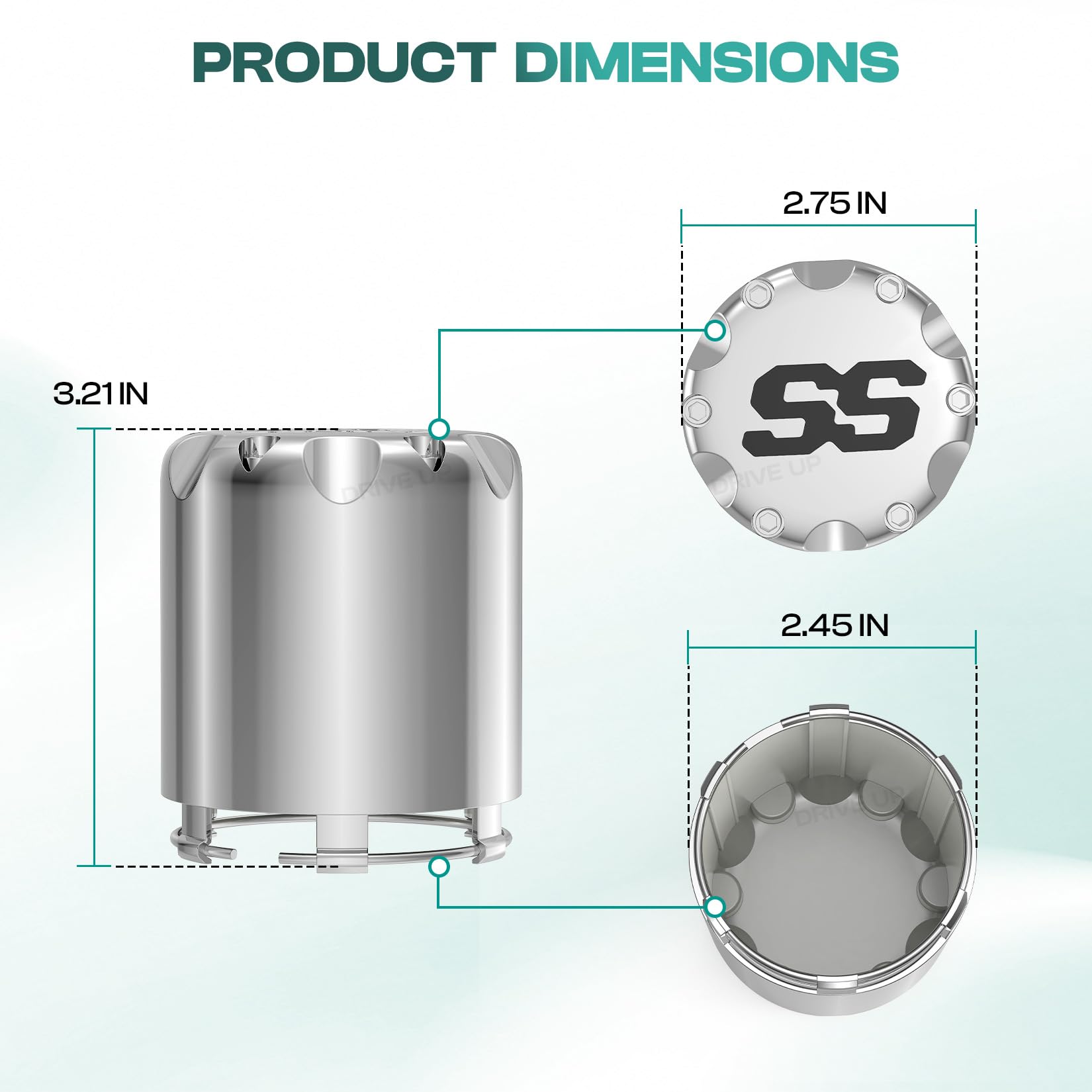 DRIVE UP chrome finish reflecting light showing glossy corrosion-resistant benefit