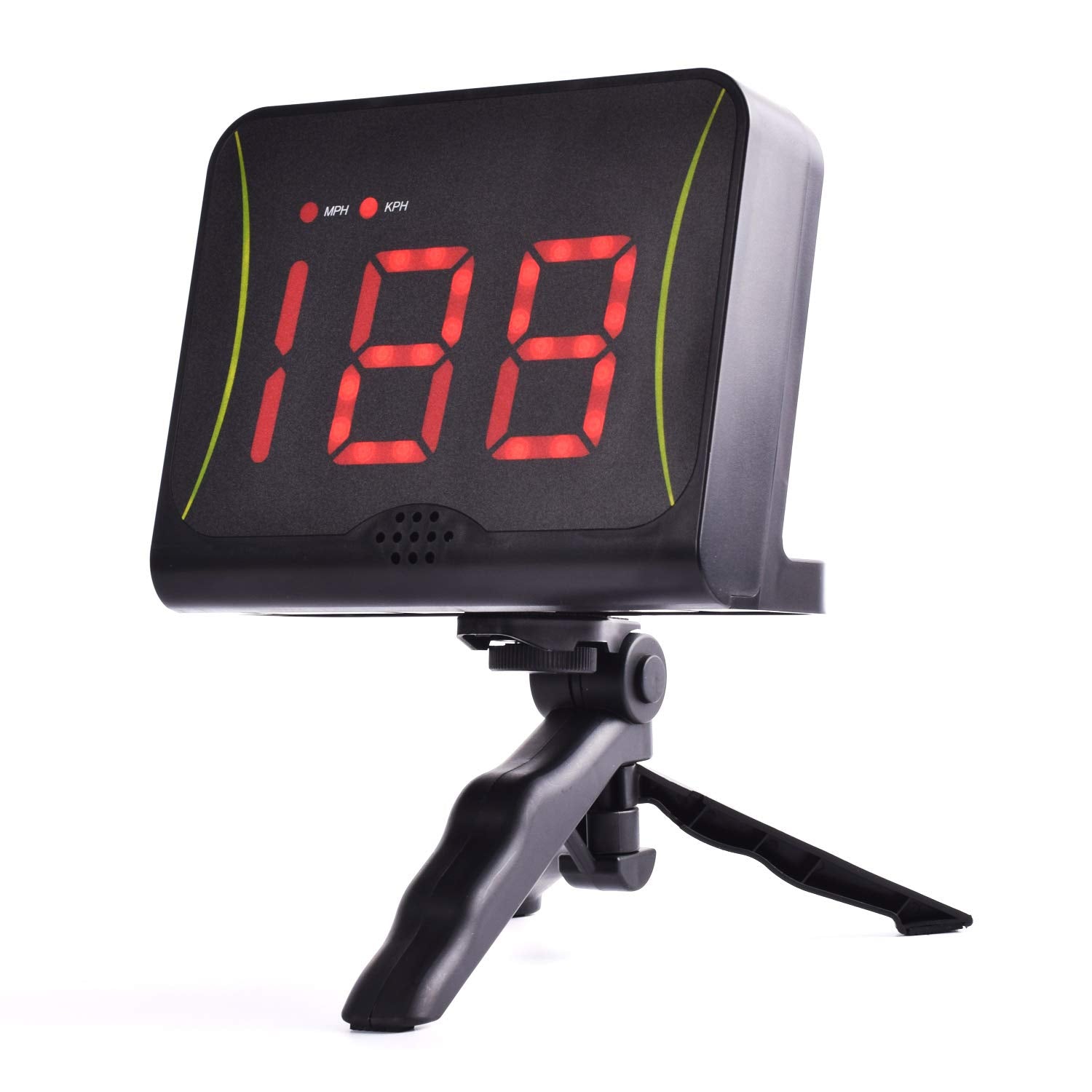 DRM mounted on tripod behind goal in action, showing hands-free measurement benefit