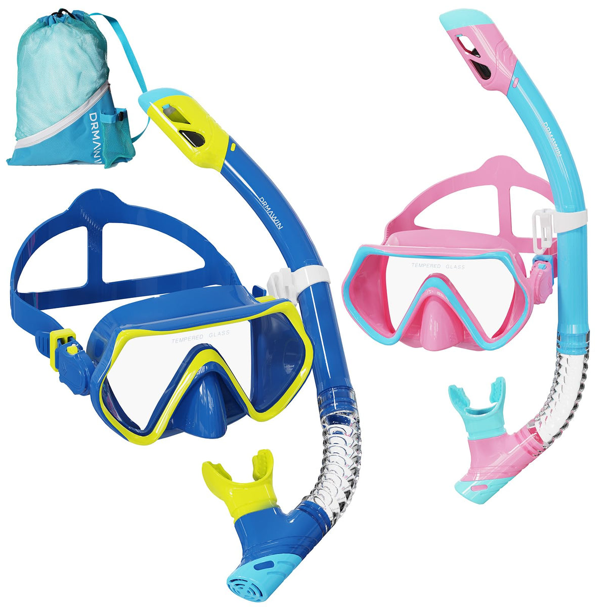DRMAWIN front view of two-mask and two-snorkel set showing ready-to-pack gear advantage