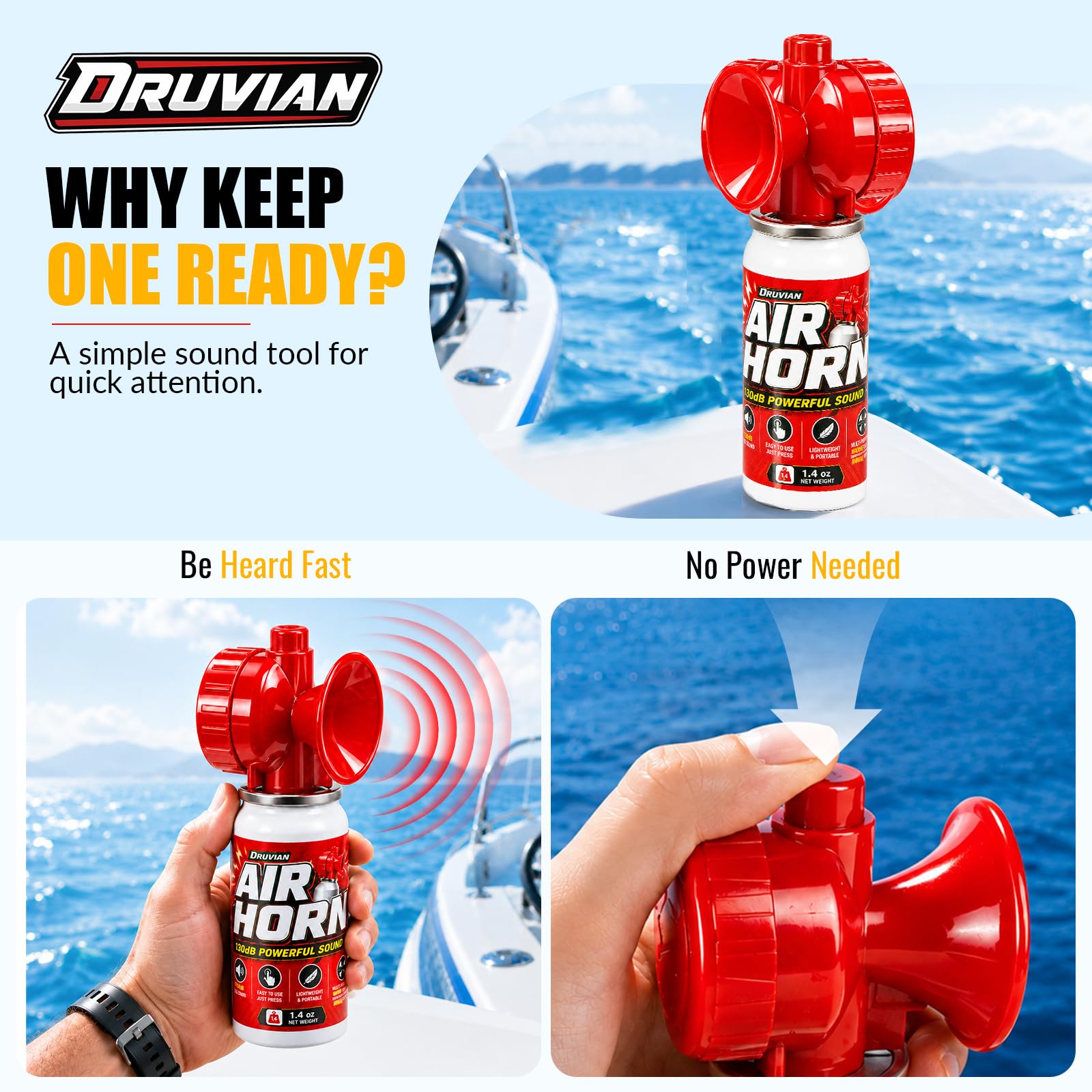Druvian air horn producing blast on a shoreline signaling faster rescuer location benefit