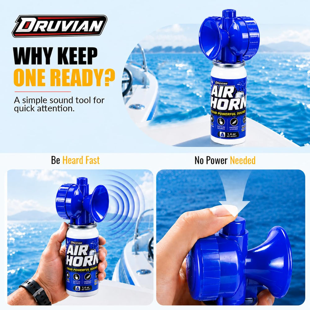 Druvian air horn mounted on boat deck demonstrating marine safety readiness
