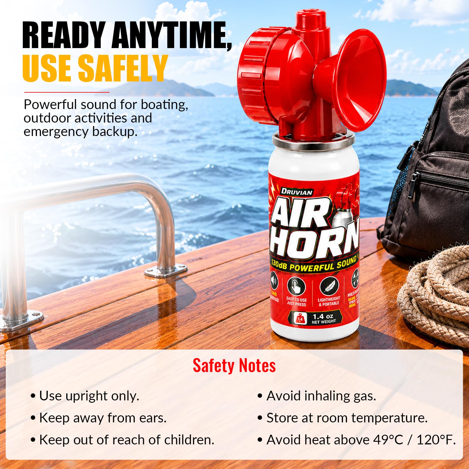 Druvian air horn packaged with gear demonstrating grab‑and‑go preparedness benefit