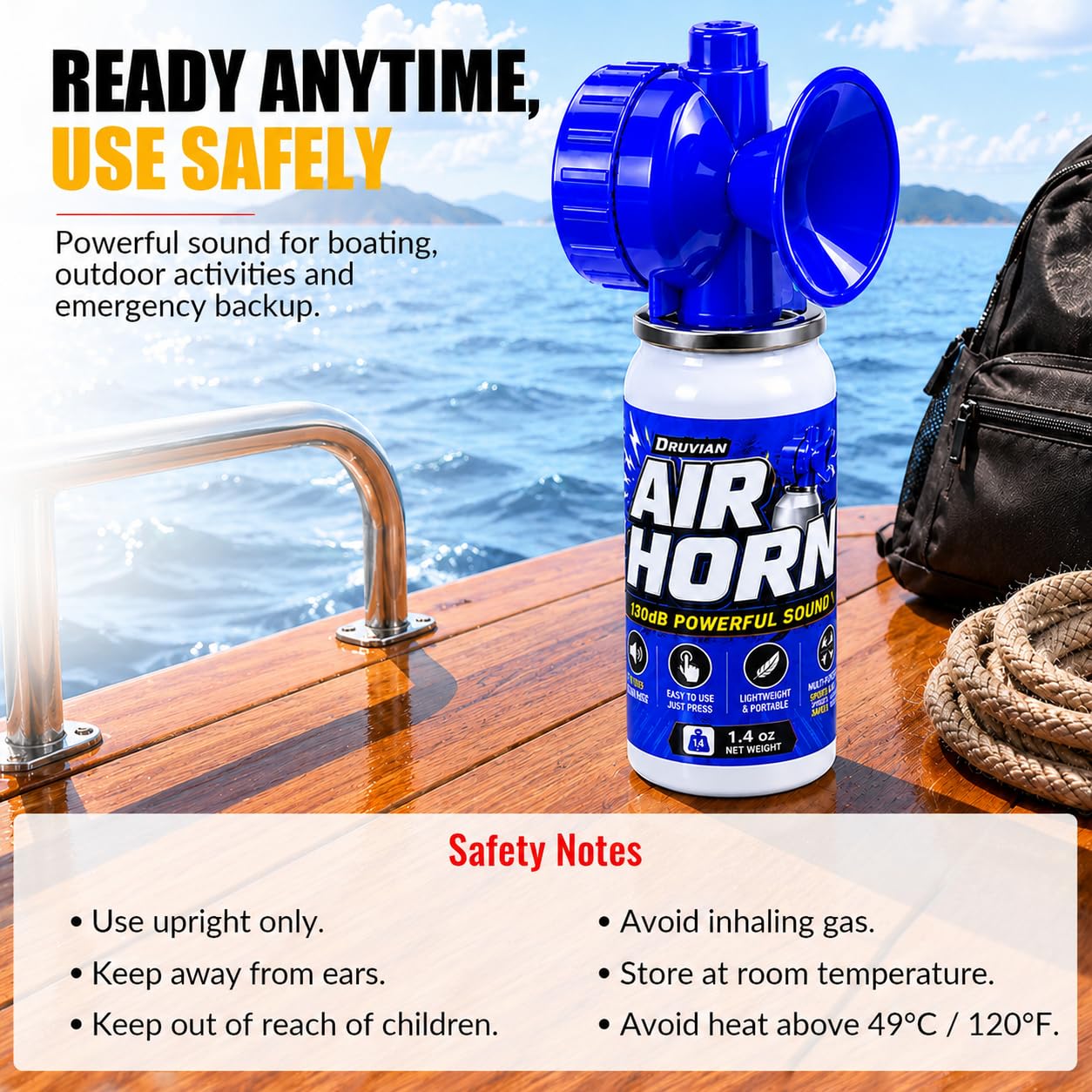 Druvian air horn packed in backpack compartment showing space-saving convenience