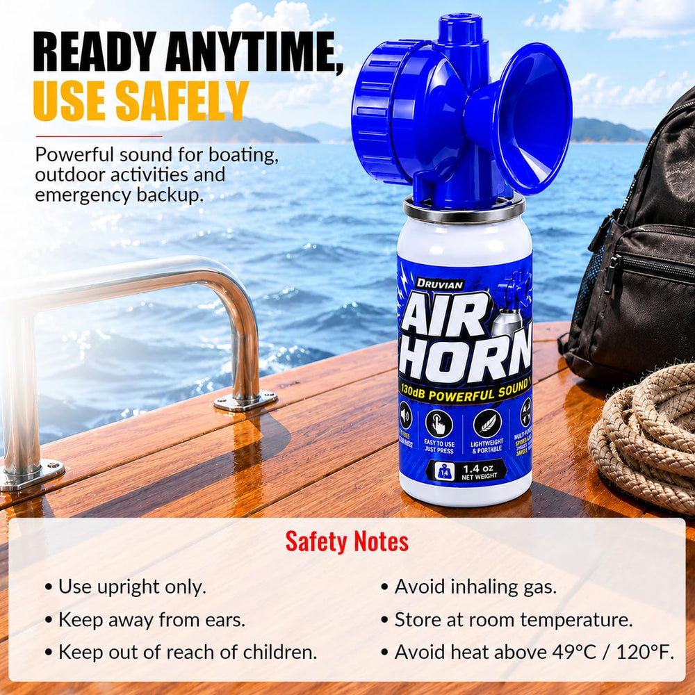 Druvian air horn packed in backpack compartment showing space-saving convenience