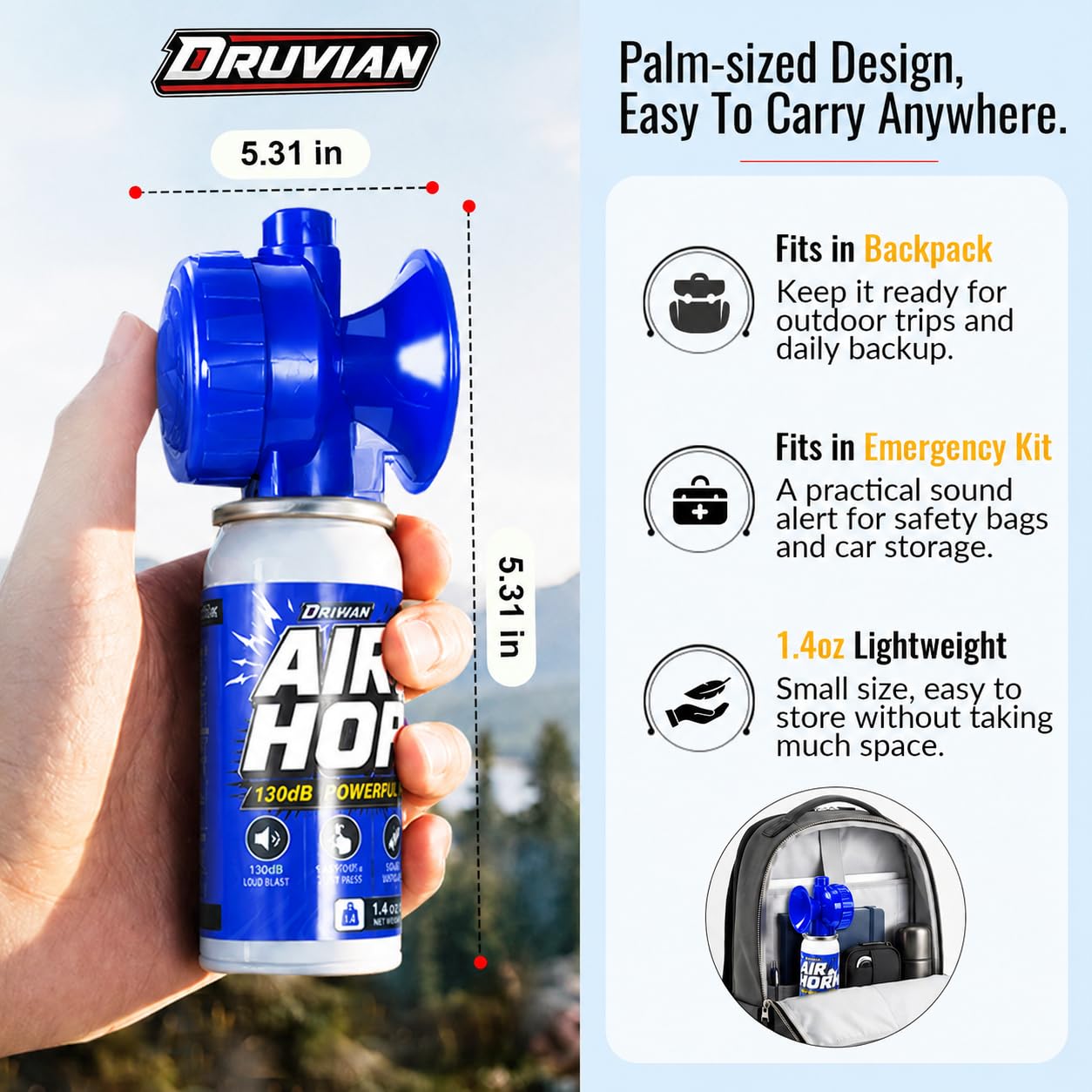 Druvian air horn shown in hand to illustrate 1.4oz portability and grab-and-go benefit