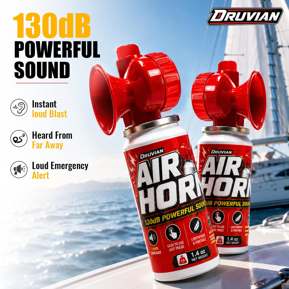 Druvian air horn top button closeup displaying easy one‑press activation benefit