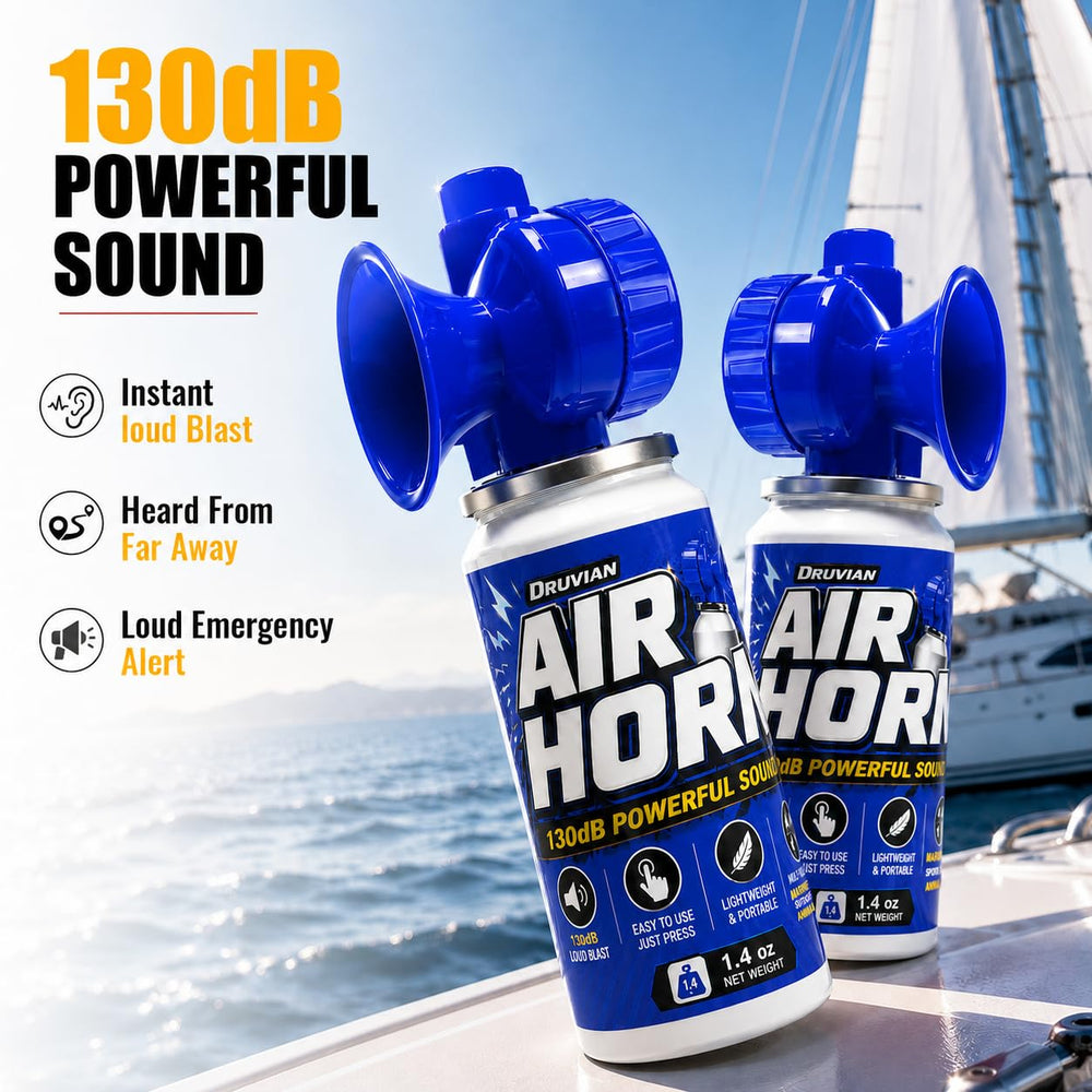 Druvian air horn top button detail with one-touch activation for quick emergency use