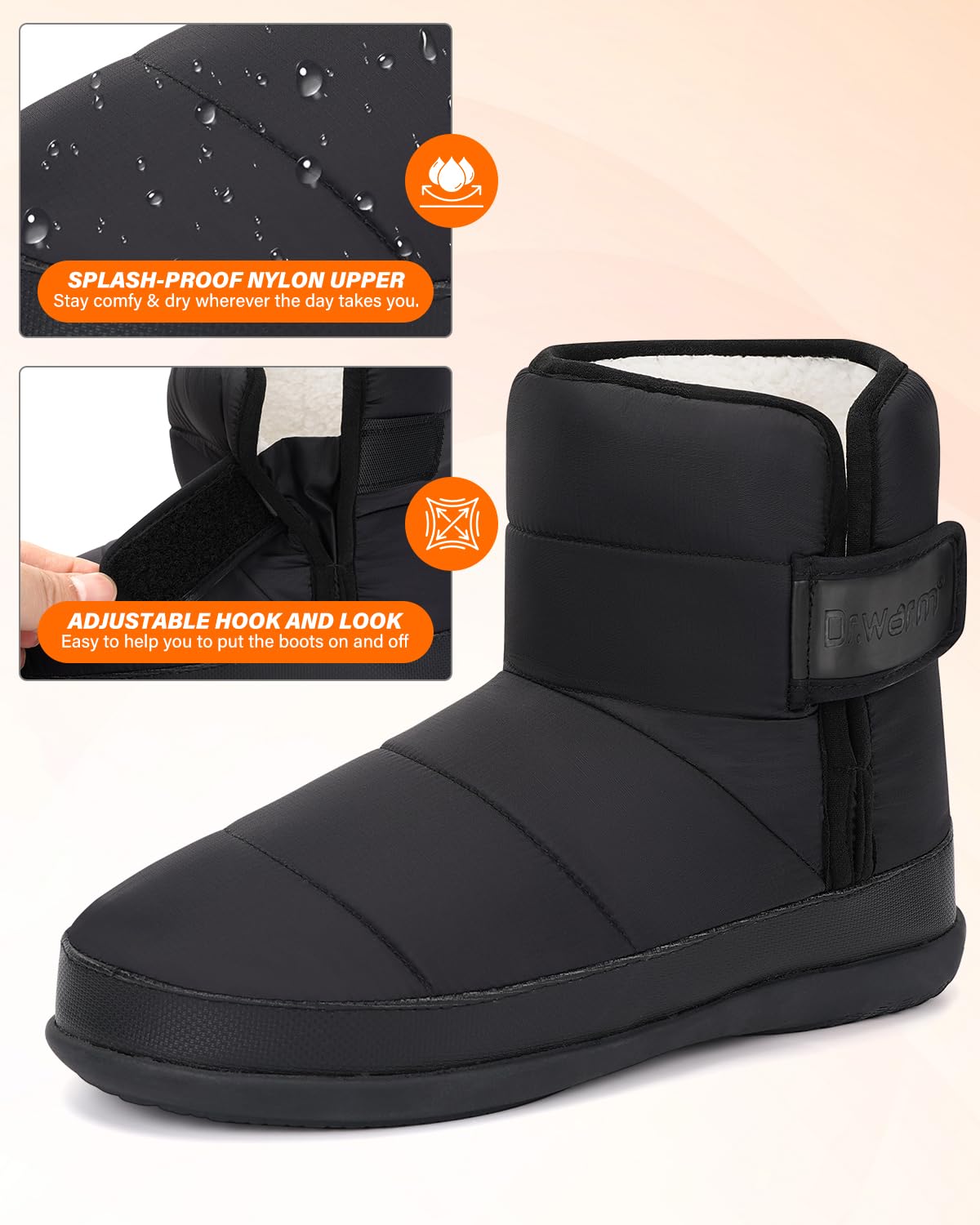 Dr.Warm side profile with hook-and-loop strap giving adjustable secure fit