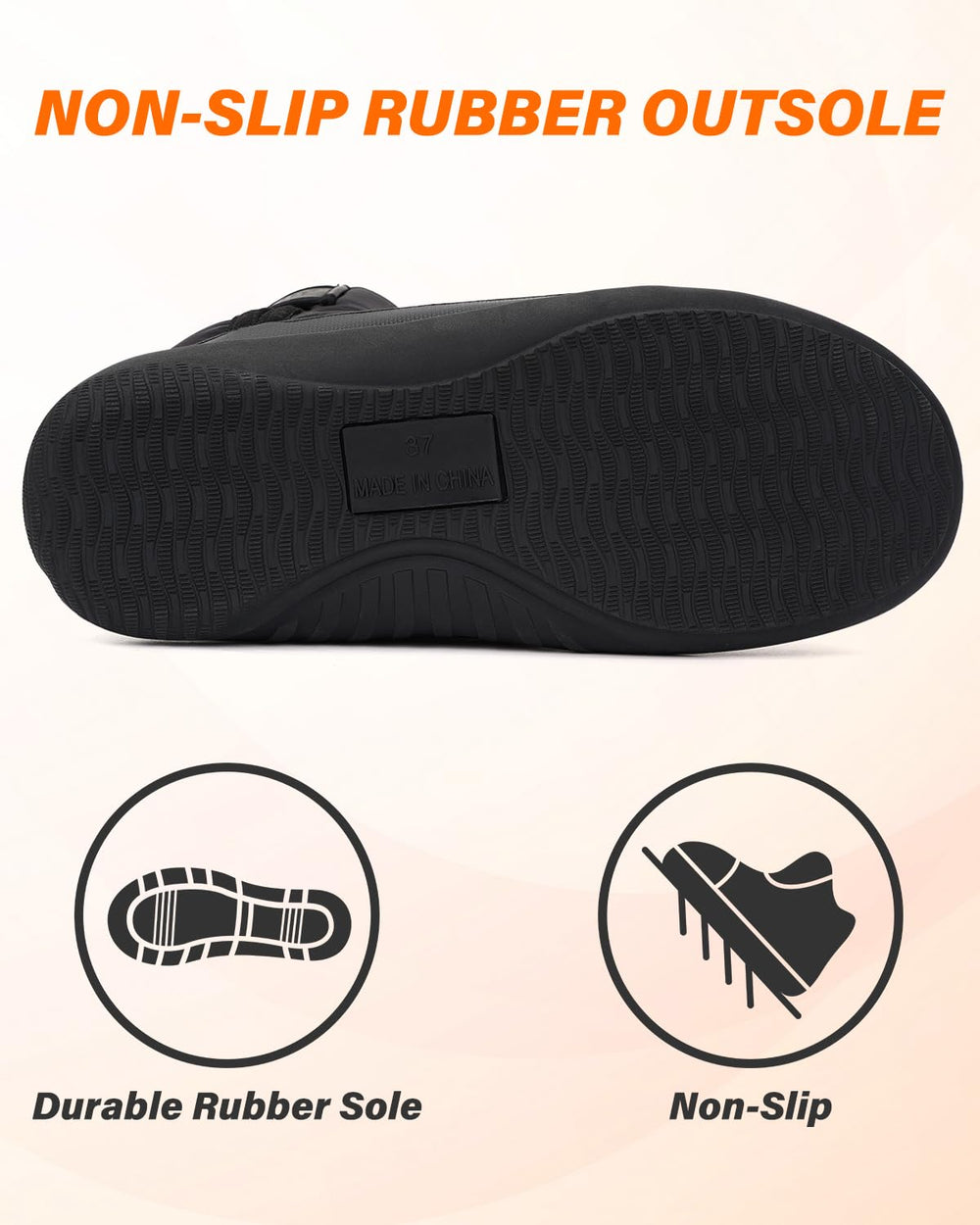 Dr.Warm non-slip rubber sole and side view showing traction for short outdoor trips benefit