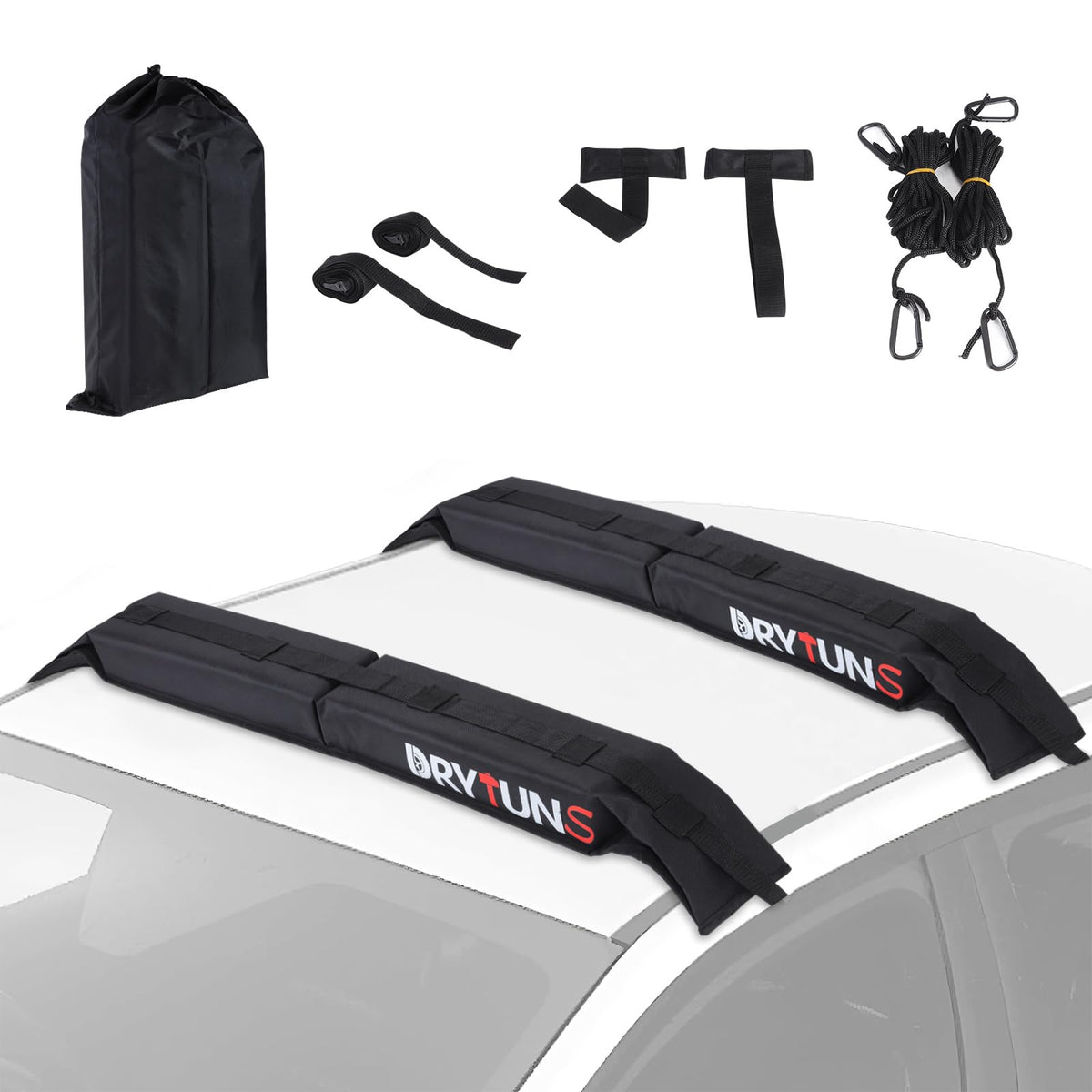 Drytuns front view on sedan showing secure roof-mounted boards for safer trips