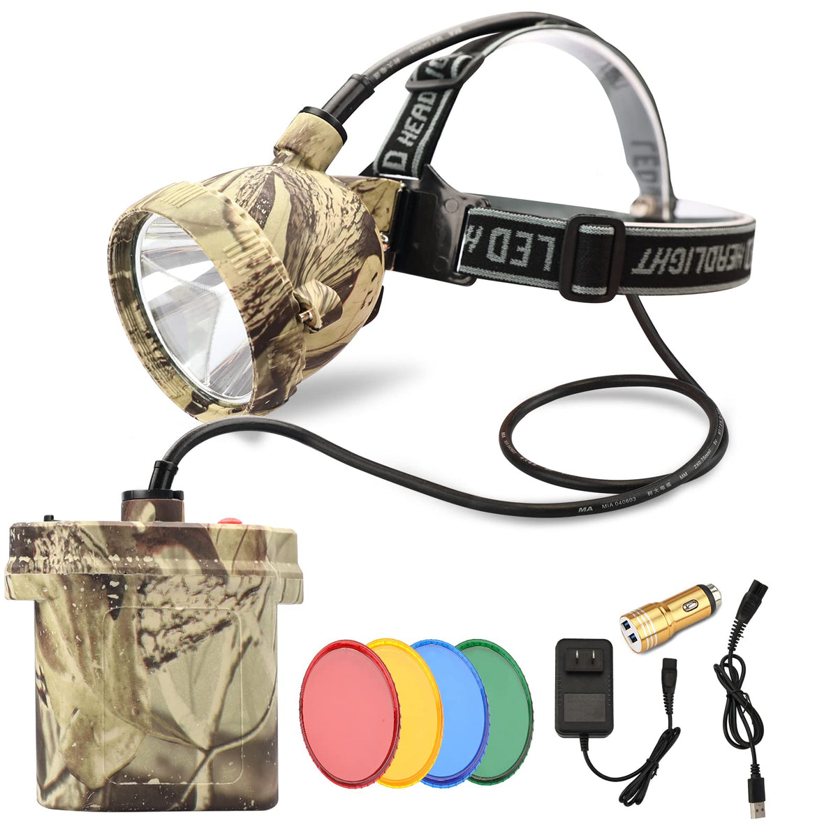 DUMPMAN front view camo headlamp showing rugged design and long-range beam benefit