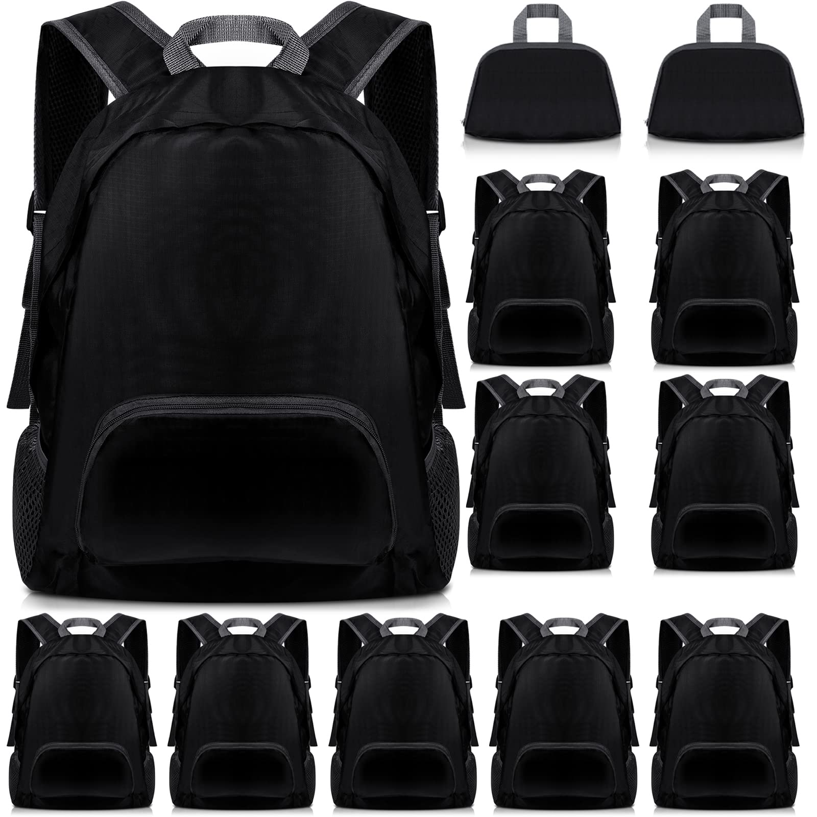 Dunzy front view of 12 black backpacks showing quantity and uniform look